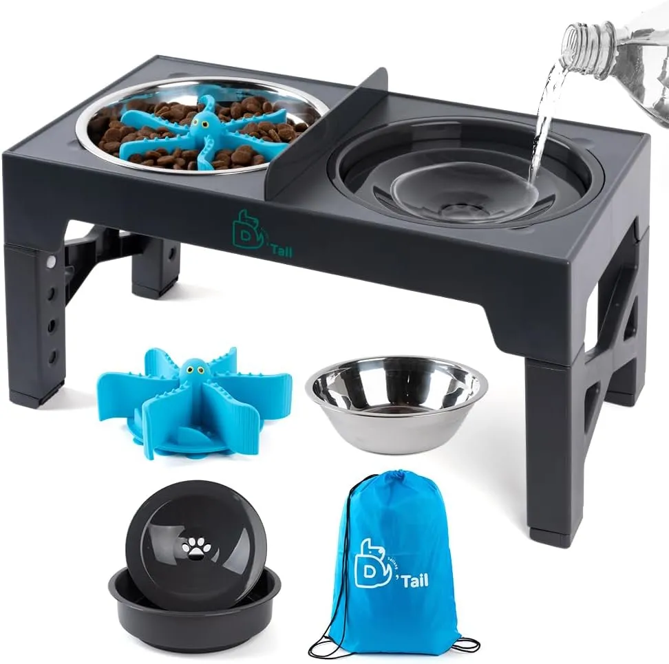 Elevated Dog Bowls, 5 Height Adjustable Raised Dog Bowl Stand with Stainless Steel Food Bowl, Slow Feeder & Anti-Spill Water Bowl for Large Medium Dogs Adjust to 3.15", 8.66", 9.84",11.02", 12.2"