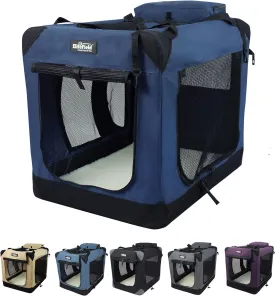 EliteField 3-Door Folding Soft Dog Crate with Carrying Bag and Fleece Bed (2 Year Warranty), Indoor & Outdoor Pet Home (24" L x 18" W x 21" H, Navy Blue)