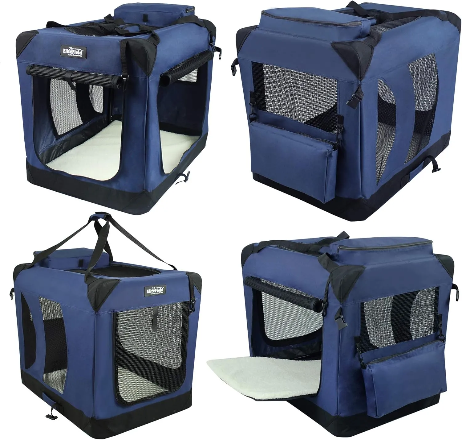 EliteField 3-Door Folding Soft Dog Crate with Carrying Bag and Fleece Bed (2 Year Warranty), Indoor & Outdoor Pet Home (24" L x 18" W x 21" H, Navy Blue)