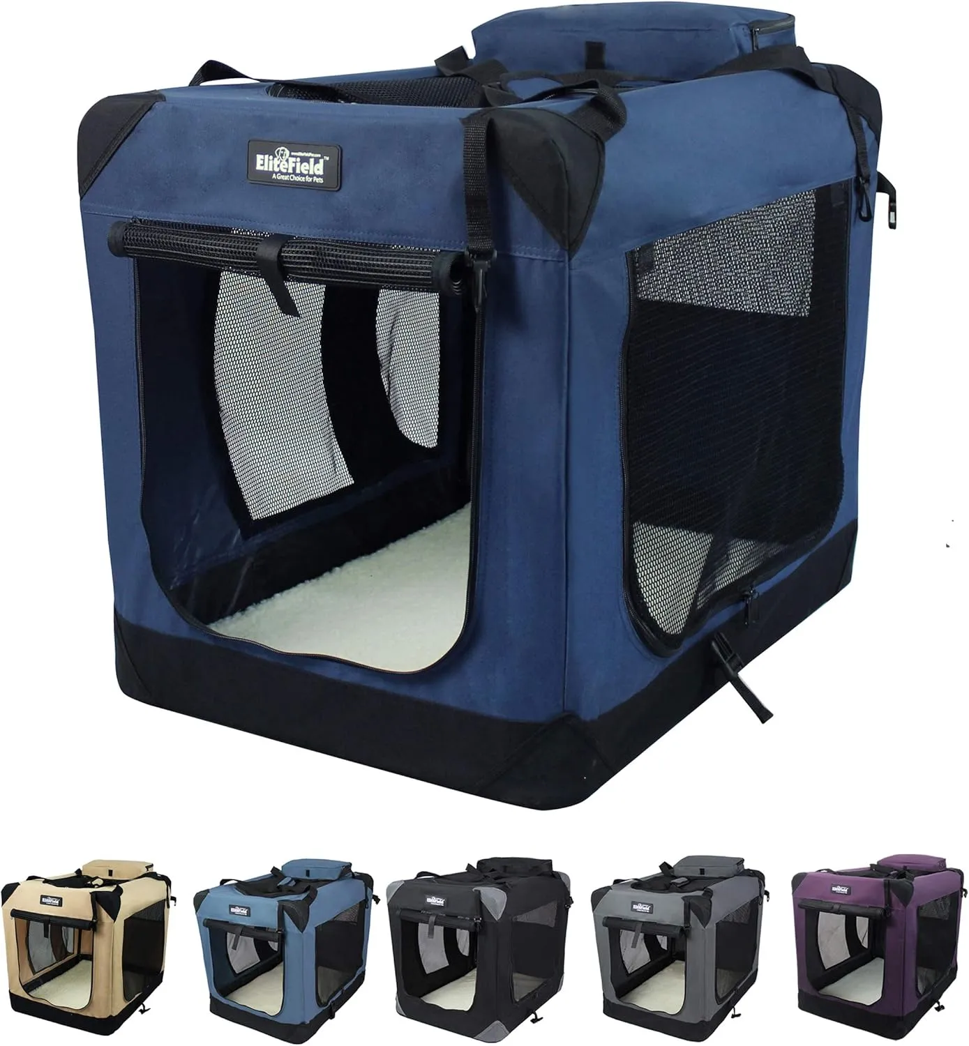 EliteField 3-Door Folding Soft Dog Crate with Carrying Bag and Fleece Bed (2 Year Warranty), Indoor & Outdoor Pet Home (24" L x 18" W x 21" H, Navy Blue)