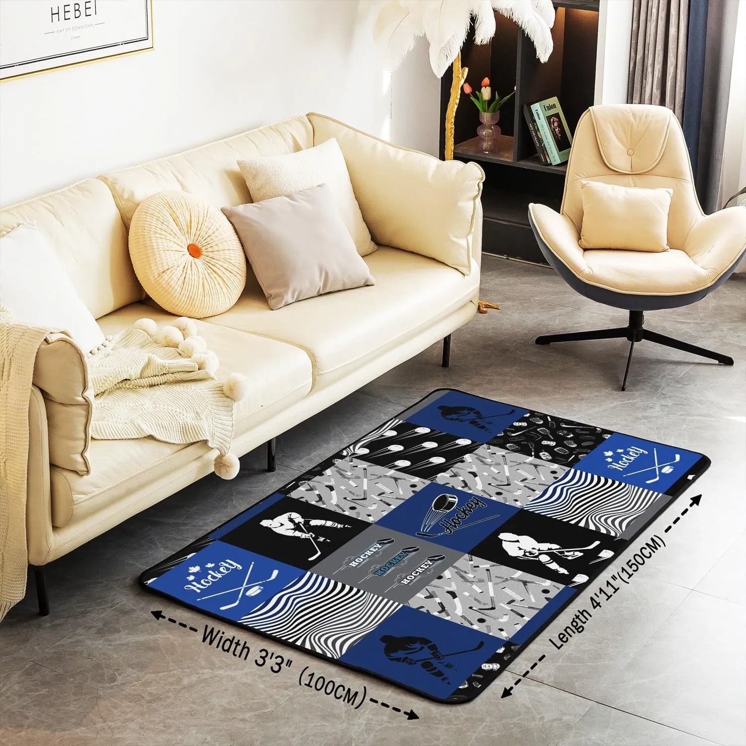 Erosebridal Ice Hockey Area Rug 4'11" x 3'3" for Boys Kids Teens,Sports Theme Carpet Blue and Gray Hockey Indoor Floor Mat,Winter Hockey Player Accent Rug Set for Living Room Bedroom Non Slip
