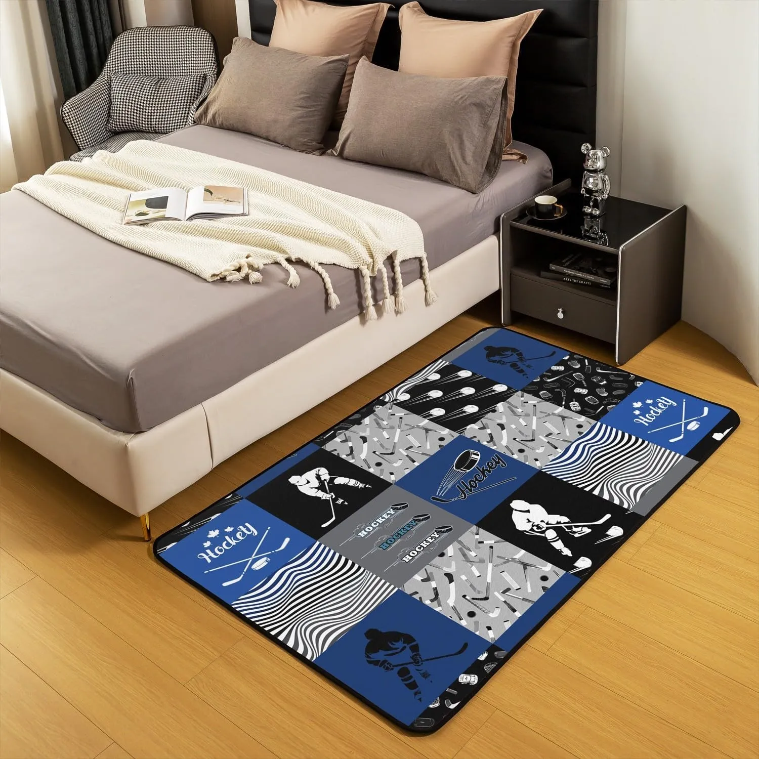 Erosebridal Ice Hockey Area Rug 4'11" x 3'3" for Boys Kids Teens,Sports Theme Carpet Blue and Gray Hockey Indoor Floor Mat,Winter Hockey Player Accent Rug Set for Living Room Bedroom Non Slip