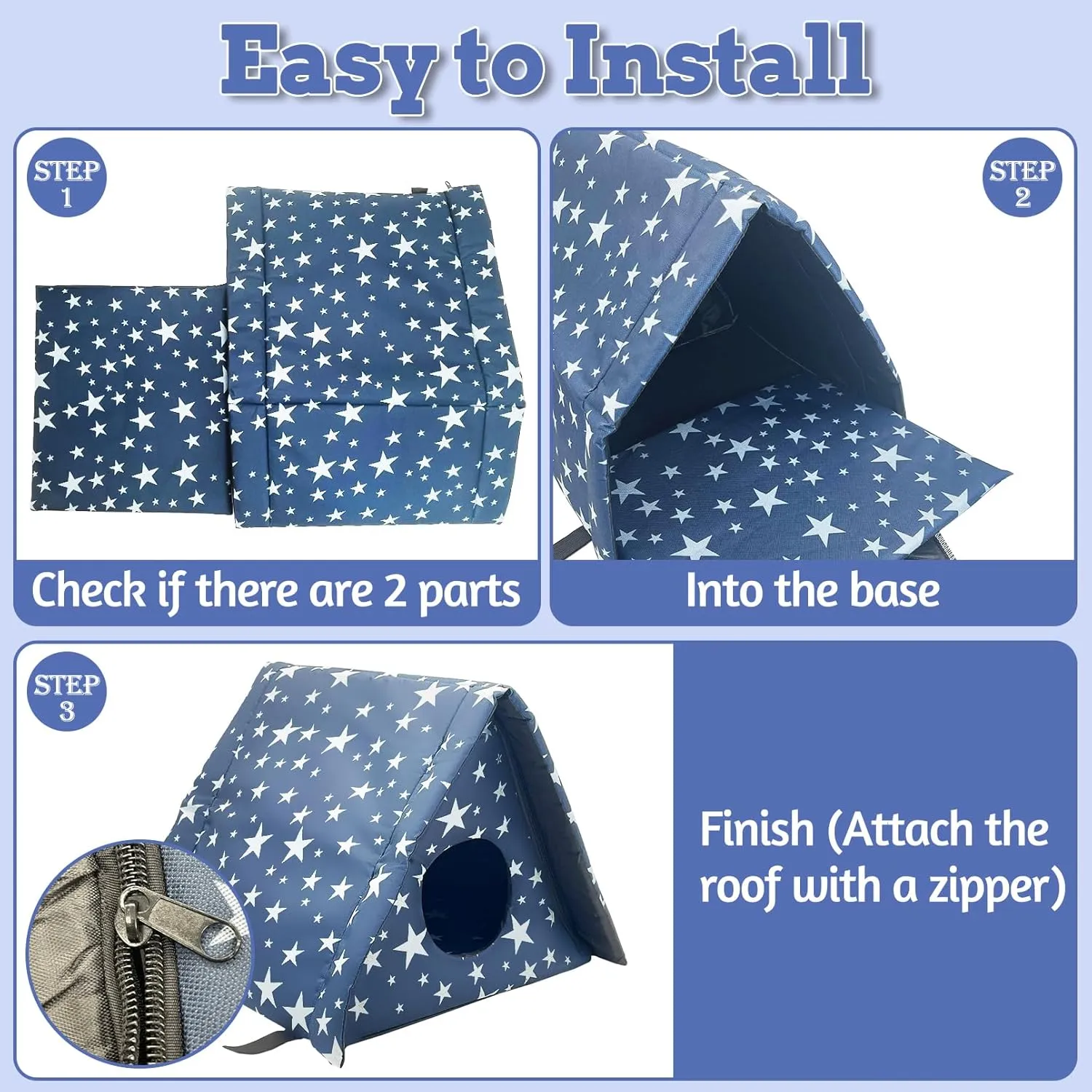 Fhiny Stray Cats Shelter, Waterproof Outdoor Cat House Foldable Warm Pet Cave for Winter Wild Animal Tent Bed Anti-Slip Kitten Cave for Feral Cat Dog Puppy Weatherproof (S, Blue)
