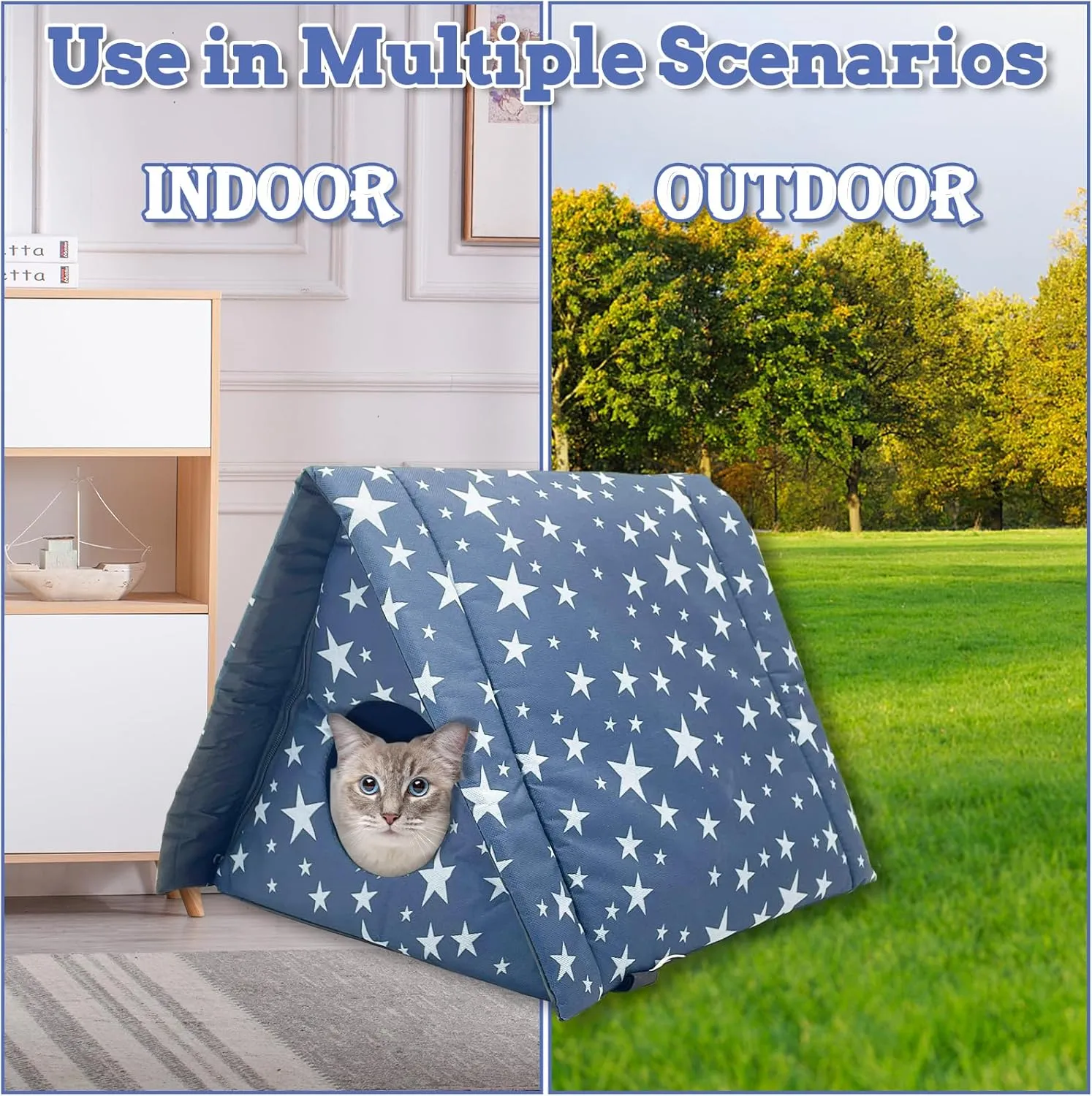 Fhiny Stray Cats Shelter, Waterproof Outdoor Cat House Foldable Warm Pet Cave for Winter Wild Animal Tent Bed Anti-Slip Kitten Cave for Feral Cat Dog Puppy Weatherproof (S, Blue)