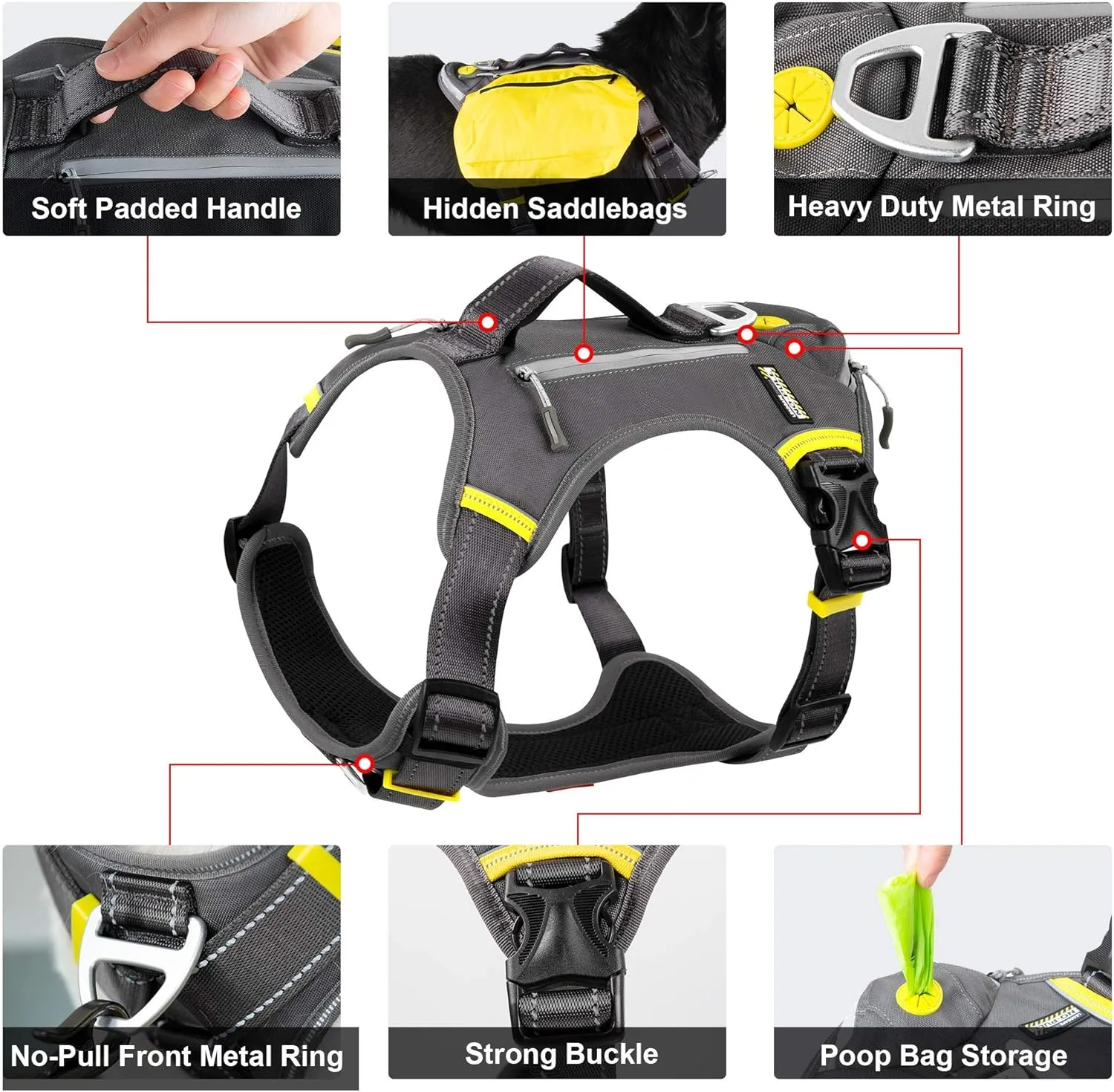 Fida Dog Harness, Multi-Functional No-Pull Pet Vest Harness with Saddle Bags Backpack, Front Leash Clip, Adjustable Soft Padded Reflective No-Choke Dog Vest Heavy Duty for Large Dog, L, Black