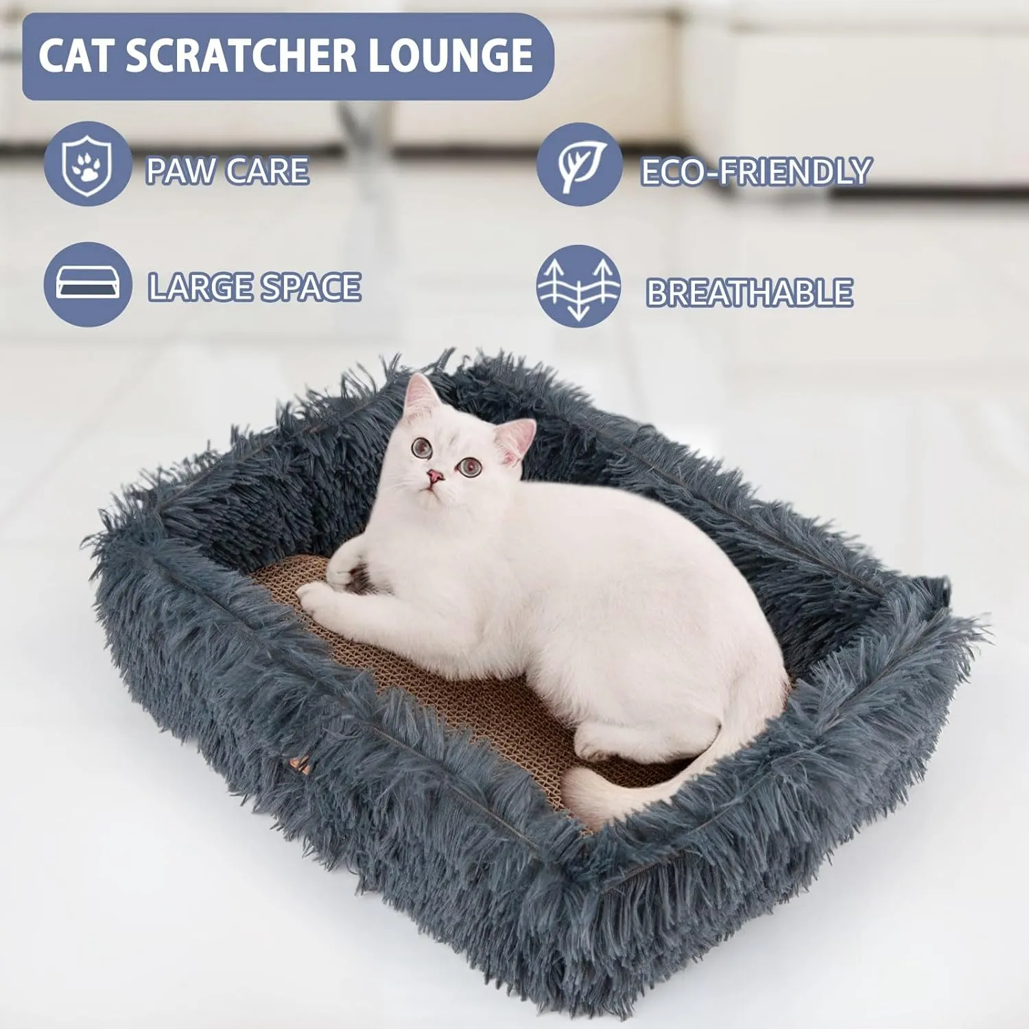 Fluffy Cat Scratcher Bed Box with Removable Cardboard, Corrugated Board Rectangular Cat Scratching Bed Lounge, Pet Scratch Pad for Furniture Protection (Dark Gray)