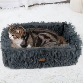 Fluffy Cat Scratcher Bed Box with Removable Cardboard, Corrugated Board Rectangular Cat Scratching Bed Lounge, Pet Scratch Pad for Furniture Protection (Dark Gray)