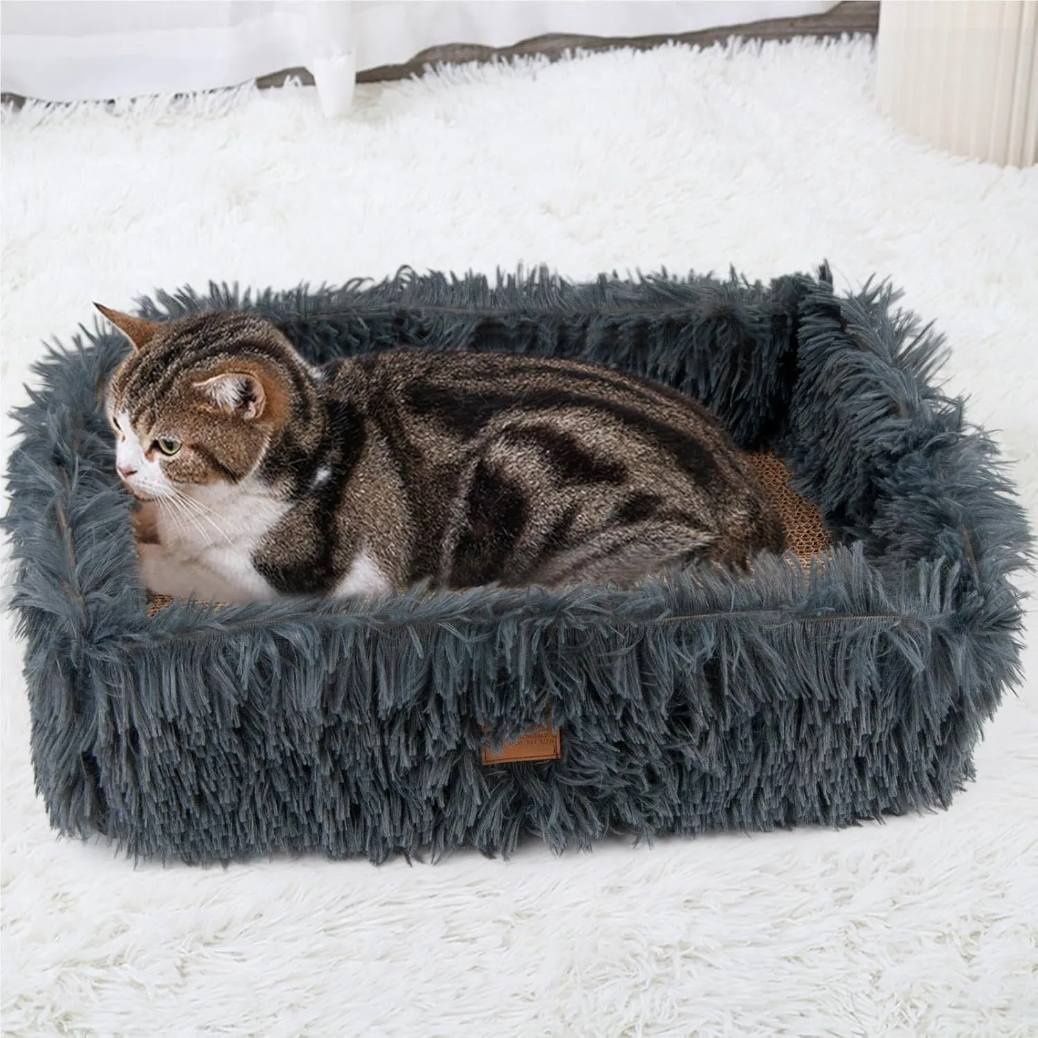 Fluffy Cat Scratcher Bed Box with Removable Cardboard, Corrugated Board Rectangular Cat Scratching Bed Lounge, Pet Scratch Pad for Furniture Protection (Dark Gray)