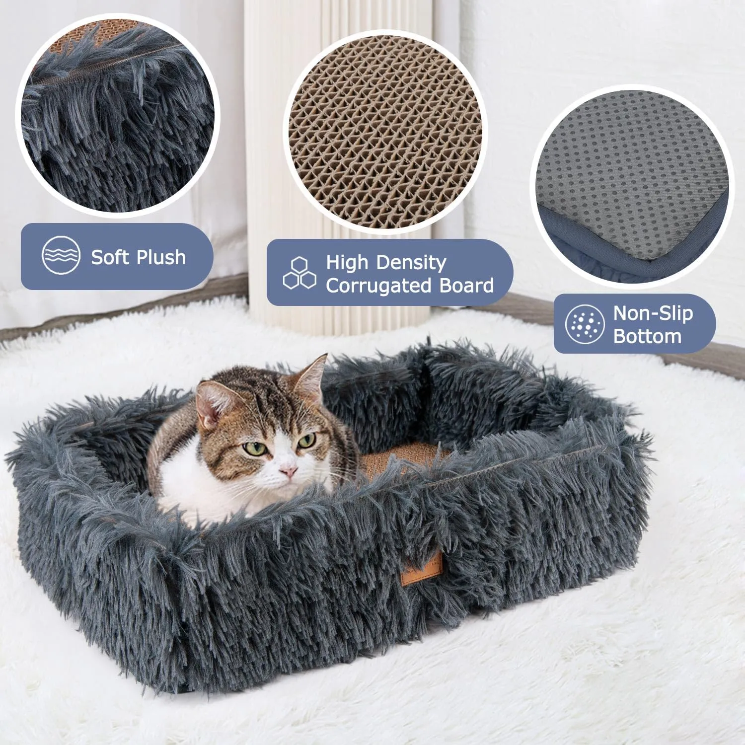 Fluffy Cat Scratcher Bed Box with Removable Cardboard, Corrugated Board Rectangular Cat Scratching Bed Lounge, Pet Scratch Pad for Furniture Protection (Dark Gray)