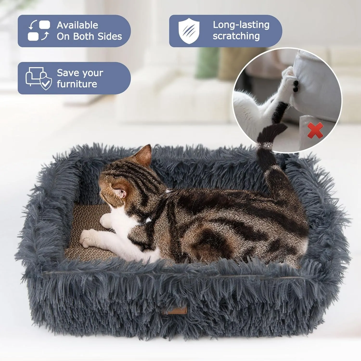 Fluffy Cat Scratcher Bed Box with Removable Cardboard, Corrugated Board Rectangular Cat Scratching Bed Lounge, Pet Scratch Pad for Furniture Protection (Dark Gray)