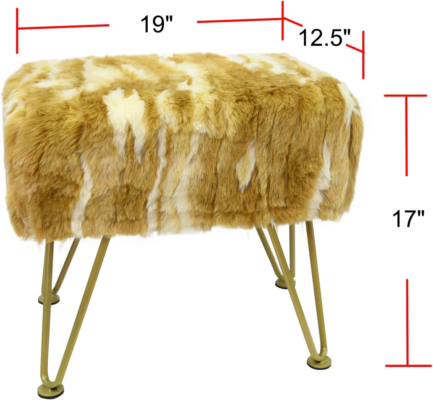 Gold Soft Faux Fur Ottoman Fuzzy Entryway Bench Seat, 19"x12.5"x17" Sturdy Accent Coffee Table for Living Room Make Up Vanity Fluffy Shoe Stool with Golden Legs for Bedroom Closet Foot Rest