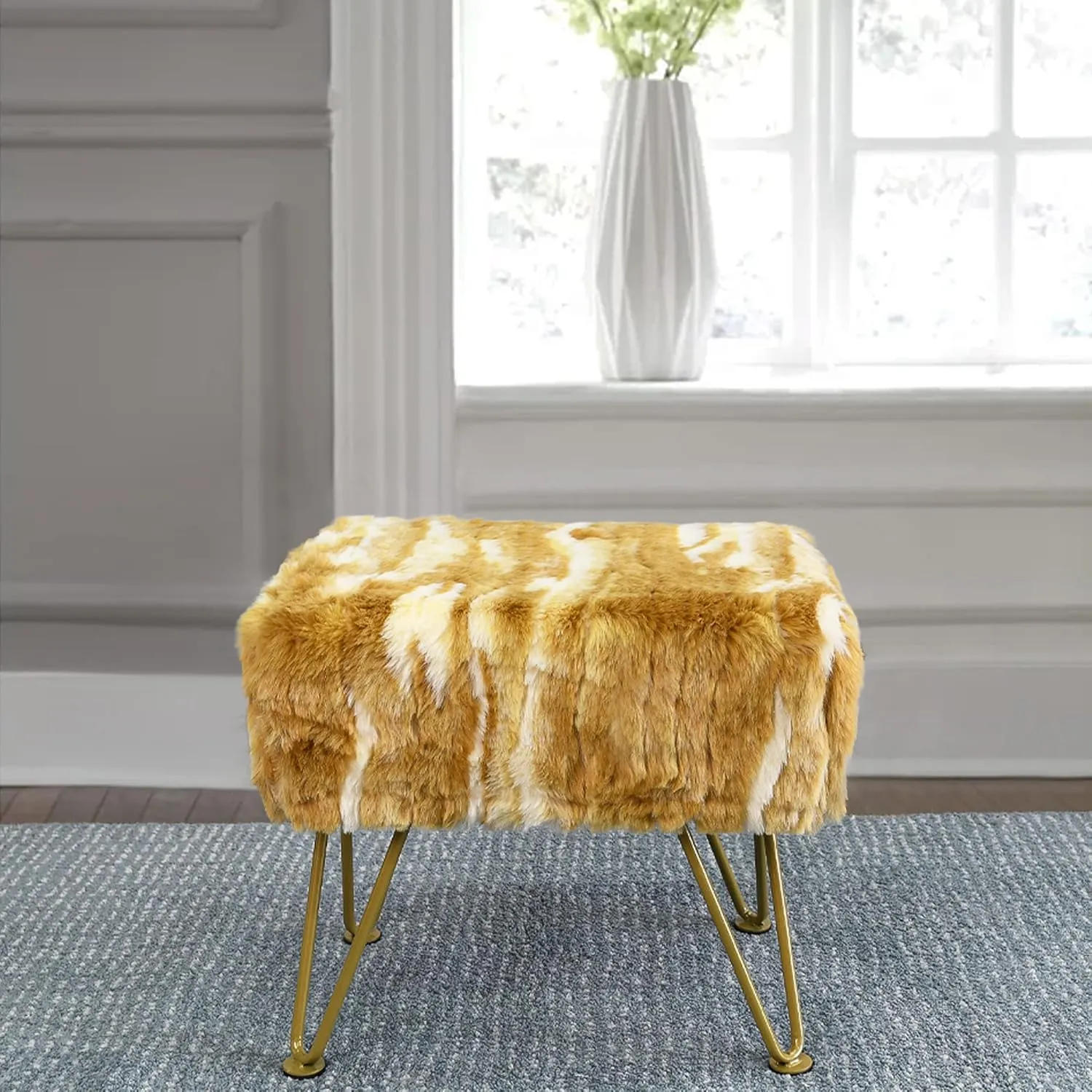 Gold Soft Faux Fur Ottoman Fuzzy Entryway Bench Seat, 19"x12.5"x17" Sturdy Accent Coffee Table for Living Room Make Up Vanity Fluffy Shoe Stool with Golden Legs for Bedroom Closet Foot Rest