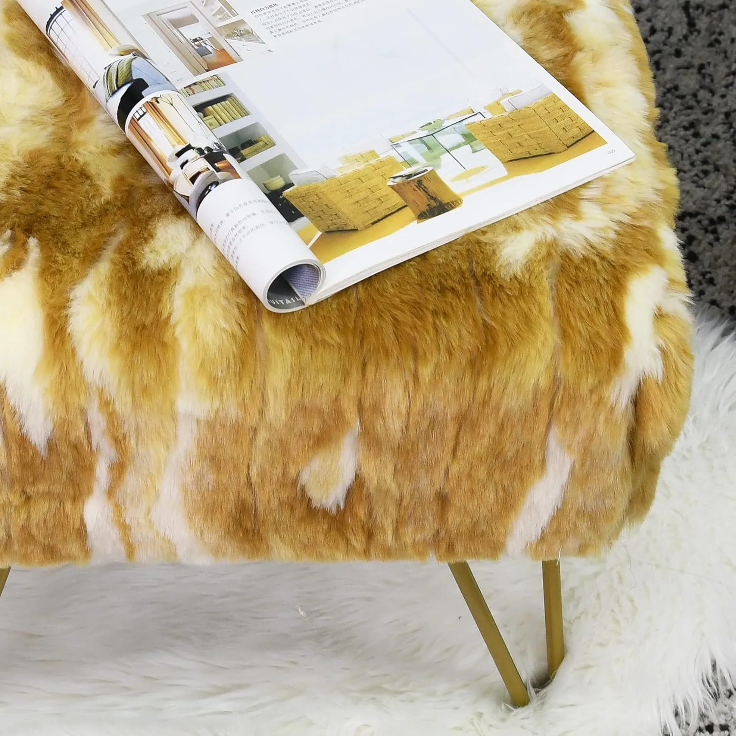 Gold Soft Faux Fur Ottoman Fuzzy Entryway Bench Seat, 19"x12.5"x17" Sturdy Accent Coffee Table for Living Room Make Up Vanity Fluffy Shoe Stool with Golden Legs for Bedroom Closet Foot Rest