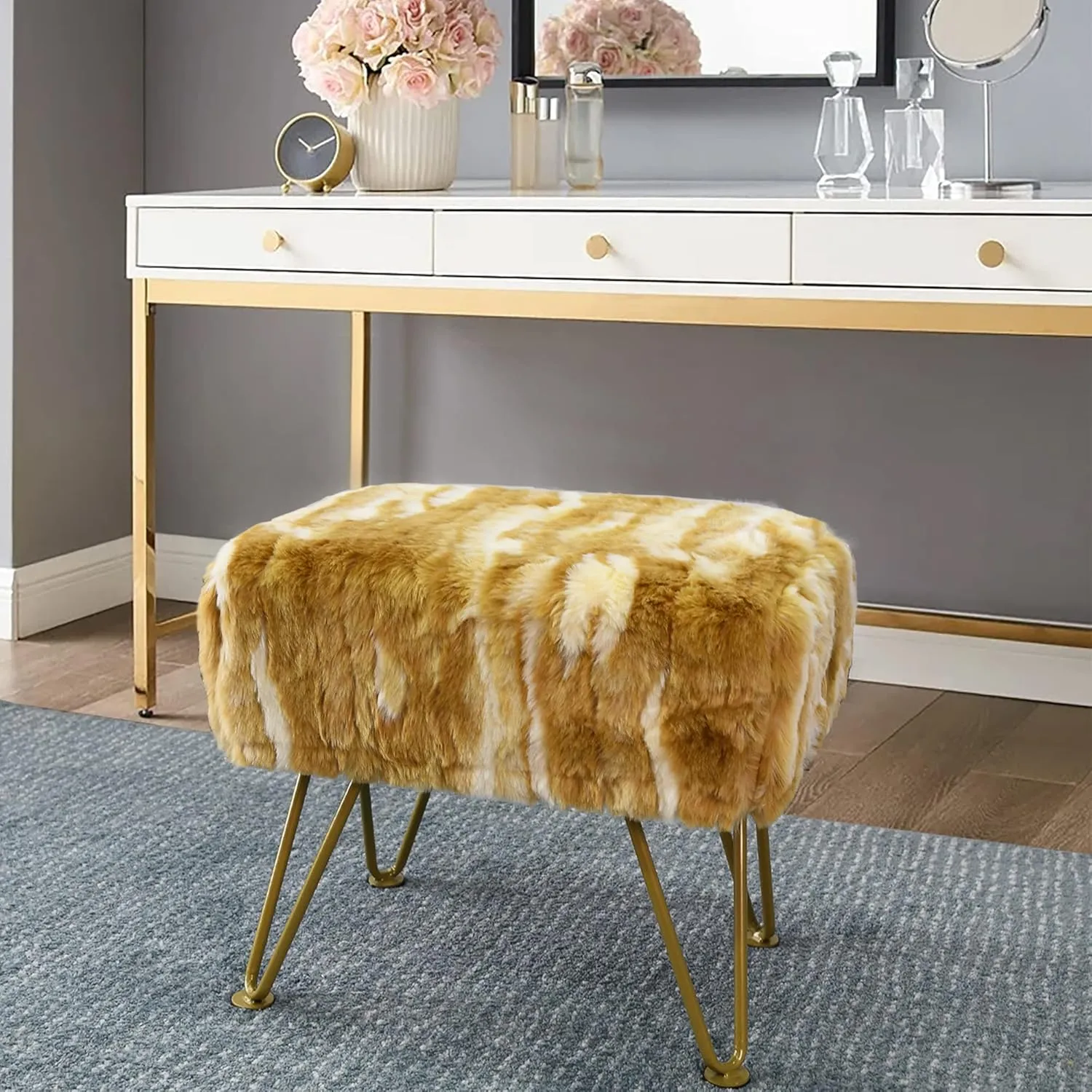 Gold Soft Faux Fur Ottoman Fuzzy Entryway Bench Seat, 19"x12.5"x17" Sturdy Accent Coffee Table for Living Room Make Up Vanity Fluffy Shoe Stool with Golden Legs for Bedroom Closet Foot Rest