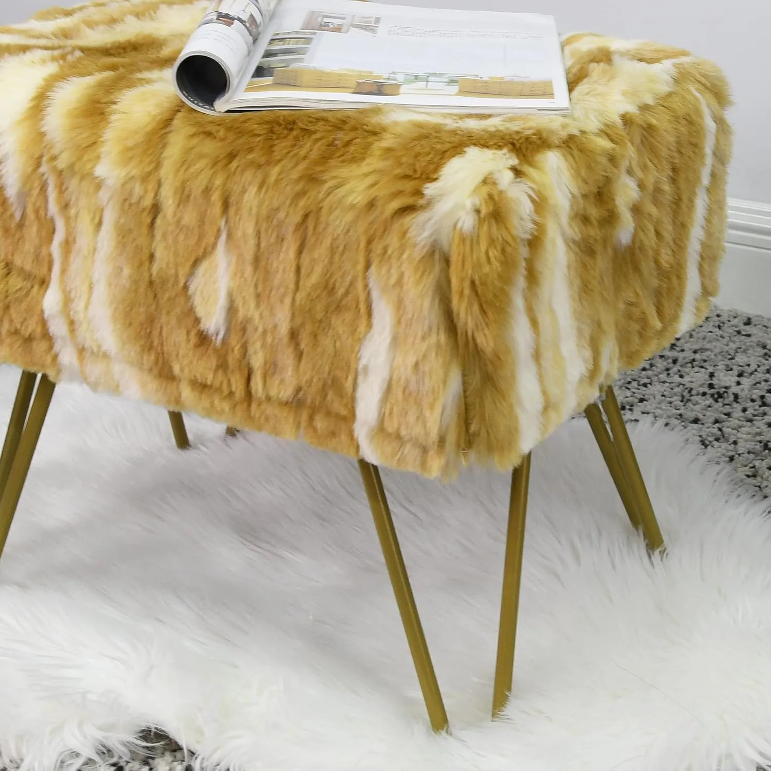 Gold Soft Faux Fur Ottoman Fuzzy Entryway Bench Seat, 19"x12.5"x17" Sturdy Accent Coffee Table for Living Room Make Up Vanity Fluffy Shoe Stool with Golden Legs for Bedroom Closet Foot Rest