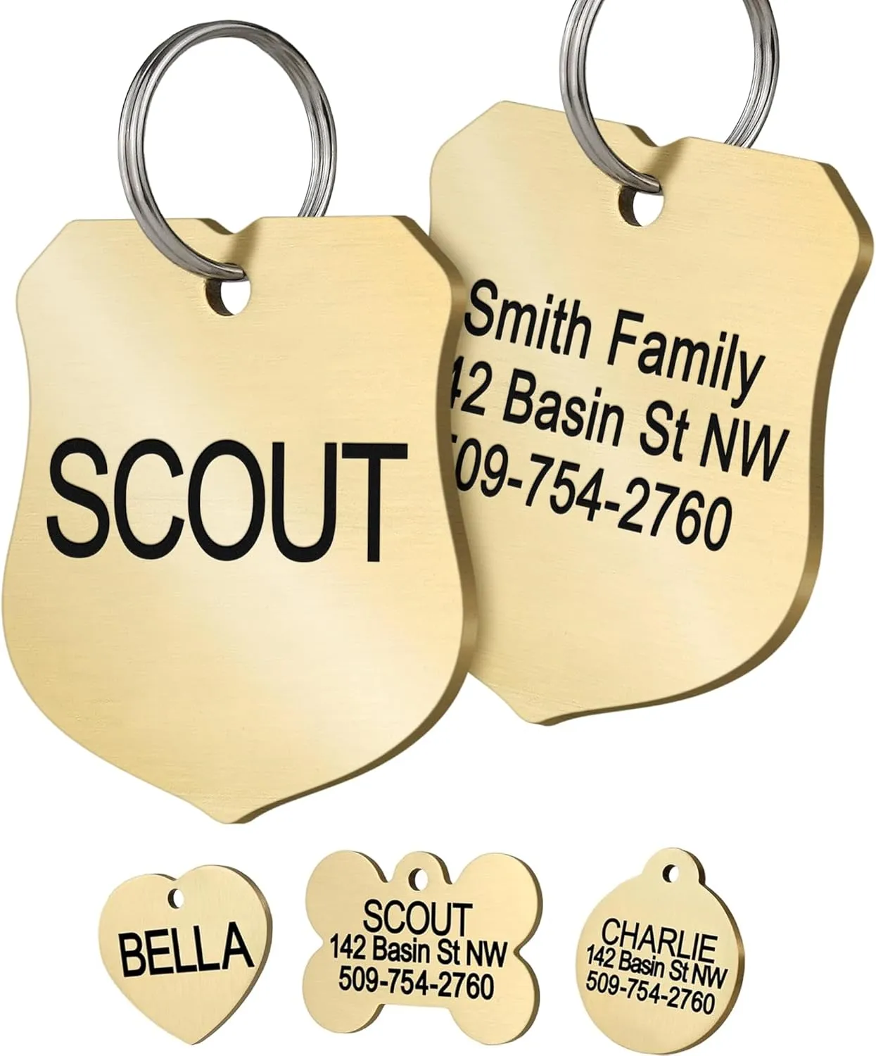 GoTags Personalized Pet ID Tags, Solid Brass Dog Tags and Cat Tags, up to 6 Lines of Custom Text, Engraved on Both Sides, Bone, Round, and Heart Shapes (Ranger Badge, Large)
