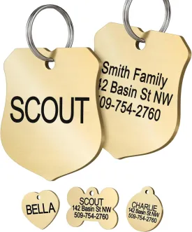 GoTags Personalized Pet ID Tags, Solid Brass Dog Tags and Cat Tags, up to 6 Lines of Custom Text, Engraved on Both Sides, Bone, Round, and Heart Shapes (Ranger Badge, Large)