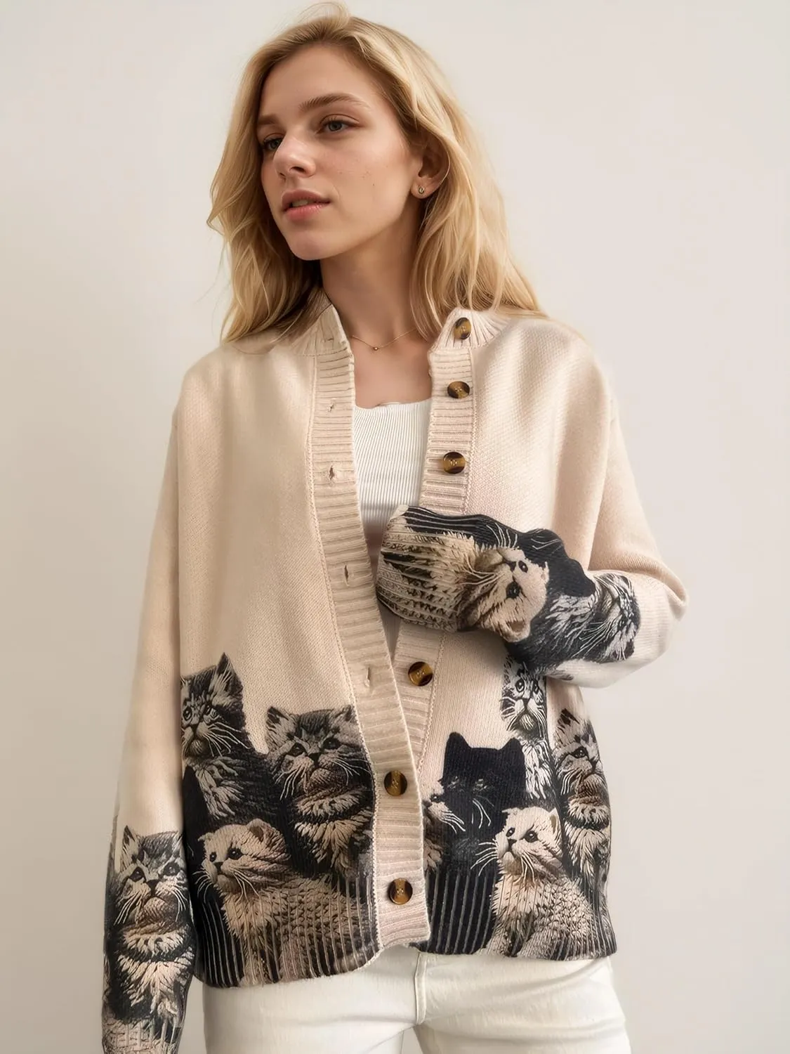 Graphic Cardigans for Women Knitted Button Oversize Cat Graphic Sweater Warm Cartoon Casual Trendy Cardigans