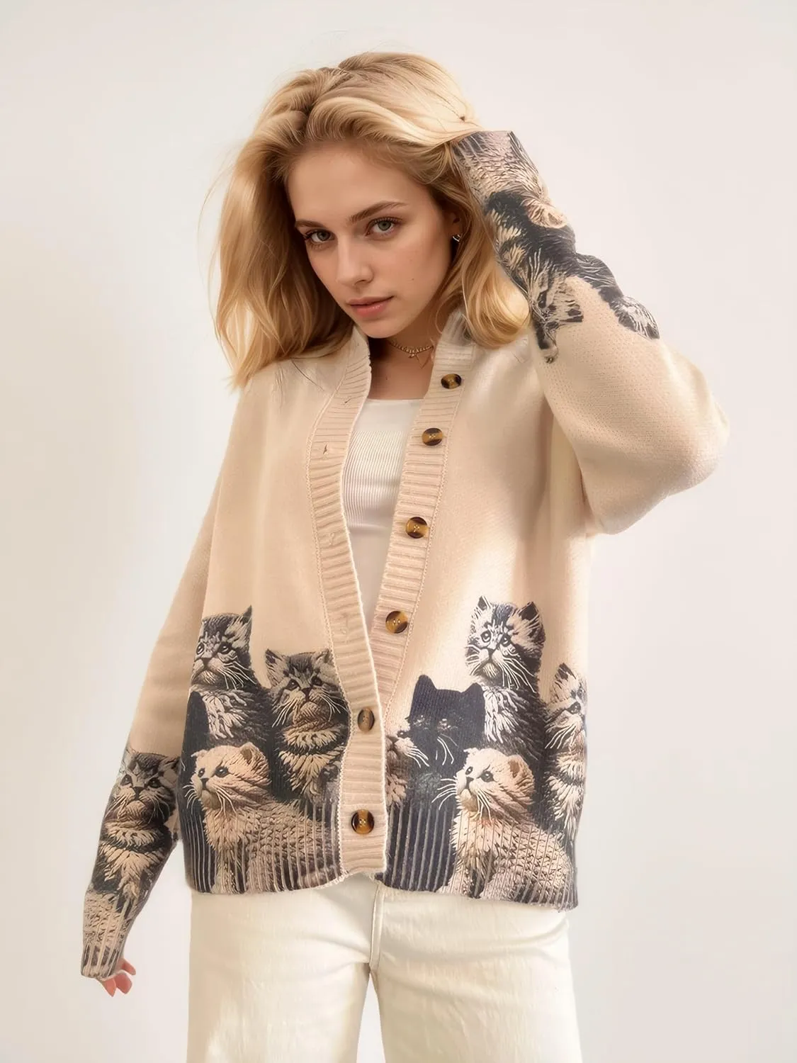 Graphic Cardigans for Women Knitted Button Oversize Cat Graphic Sweater Warm Cartoon Casual Trendy Cardigans
