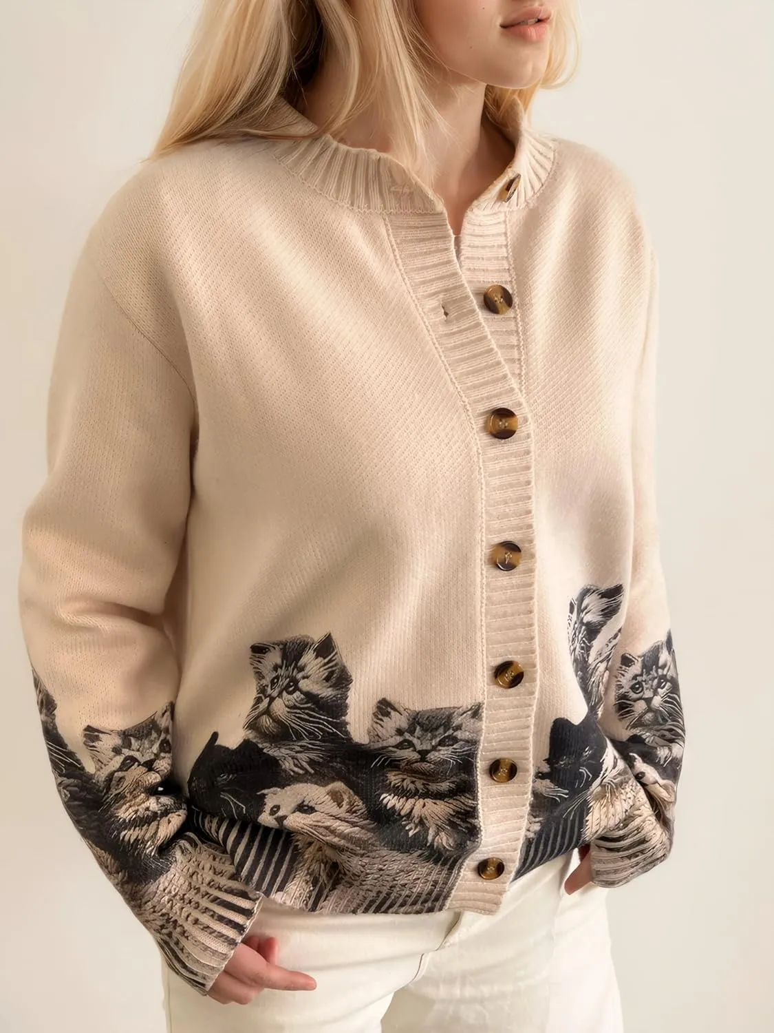 Graphic Cardigans for Women Knitted Button Oversize Cat Graphic Sweater Warm Cartoon Casual Trendy Cardigans