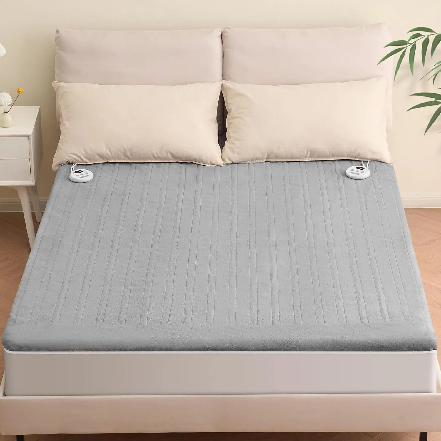 Heated Mattress Pad Queen Size 60 * 80 Inches Comfort Soft Coral Fleece 10 Heating Levels & Auto Shut Off, Electric Bed Warmer Pad with Dual Controllers, Up to 15" Deep Pocket, Grey