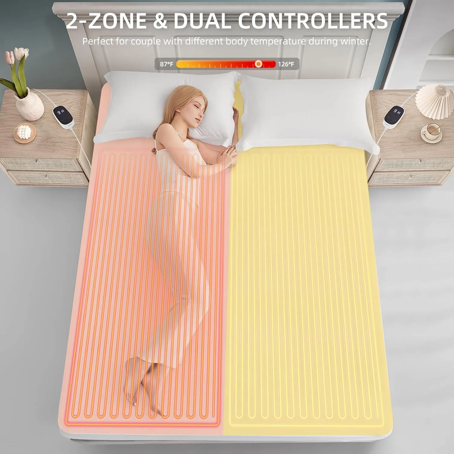 Heated Mattress Pad Queen Size Electric Mattress Dual Controller Bed Warmer 9 Heat Settings, 1-12 Hours Auto Off Memory Function Deep Pocket, Fast Heating, Machine Washable Queen 60"x80"