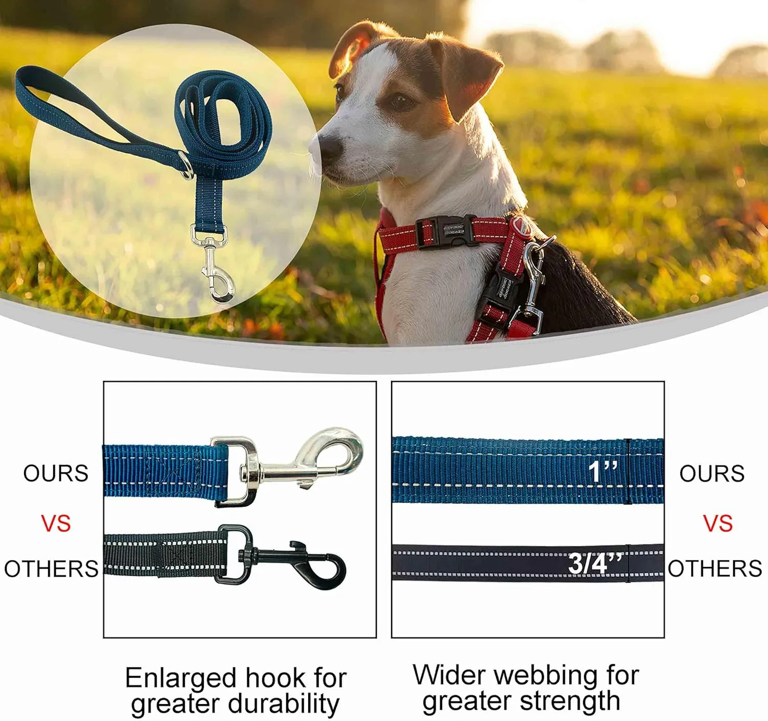 Heavy Duty 2 Padded Handle Dog Walking And Training Standard Leashes for Traffic Control,With Enlarged Tangle Free Buckle,D-Ring,Double-Sided Reflective Stitching,Double layer Nylon,Puppy Dog Blue 4Ft