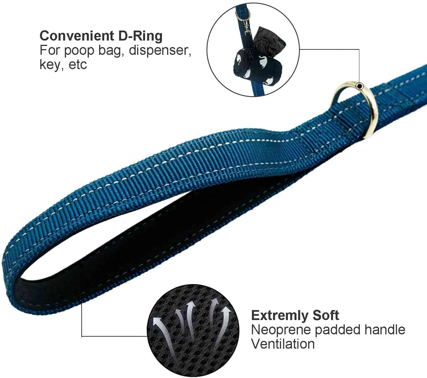 Heavy Duty 2 Padded Handle Dog Walking And Training Standard Leashes for Traffic Control,With Enlarged Tangle Free Buckle,D-Ring,Double-Sided Reflective Stitching,Double layer Nylon,Puppy Dog Blue 4Ft