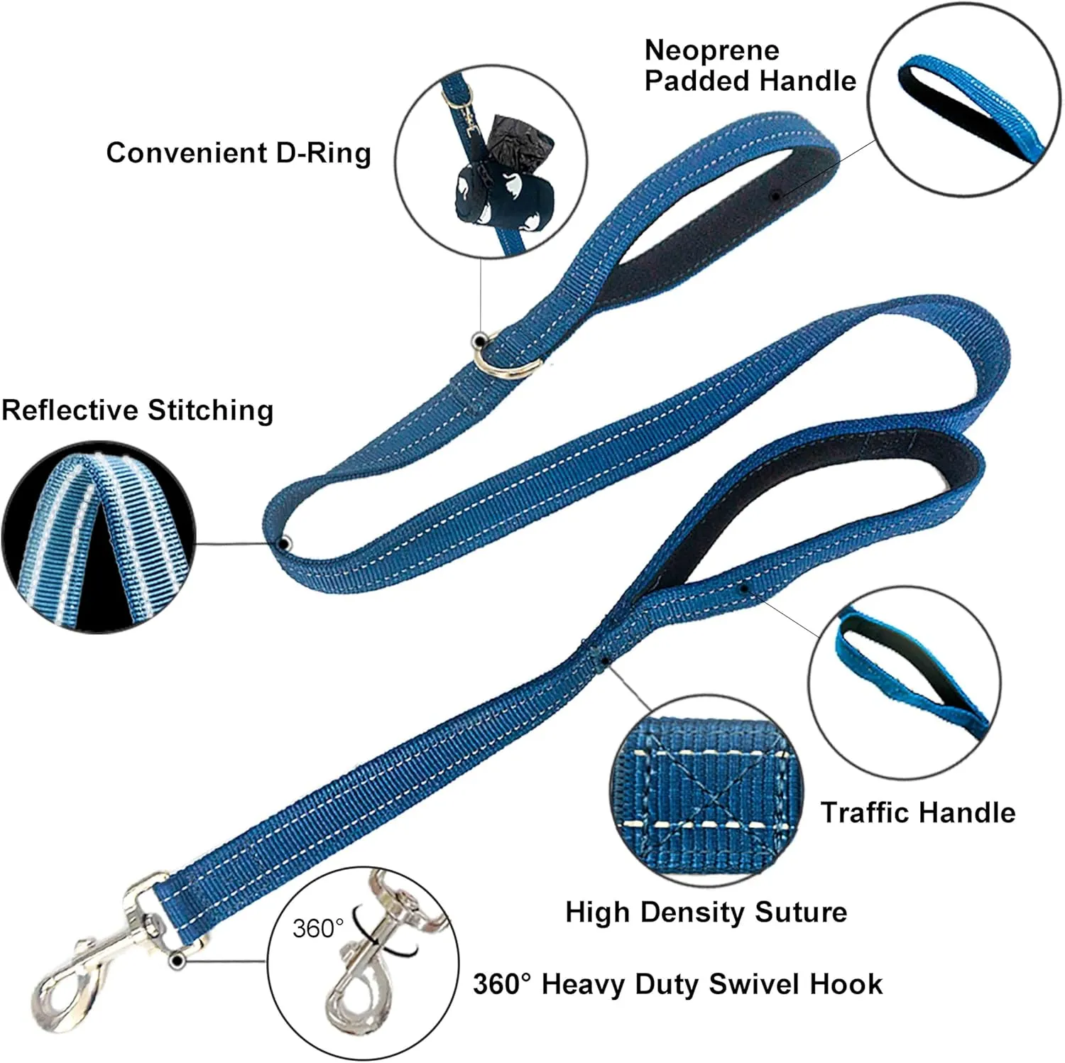 Heavy Duty 2 Padded Handle Dog Walking And Training Standard Leashes for Traffic Control,With Enlarged Tangle Free Buckle,D-Ring,Double-Sided Reflective Stitching,Double layer Nylon,Puppy Dog Blue 4Ft
