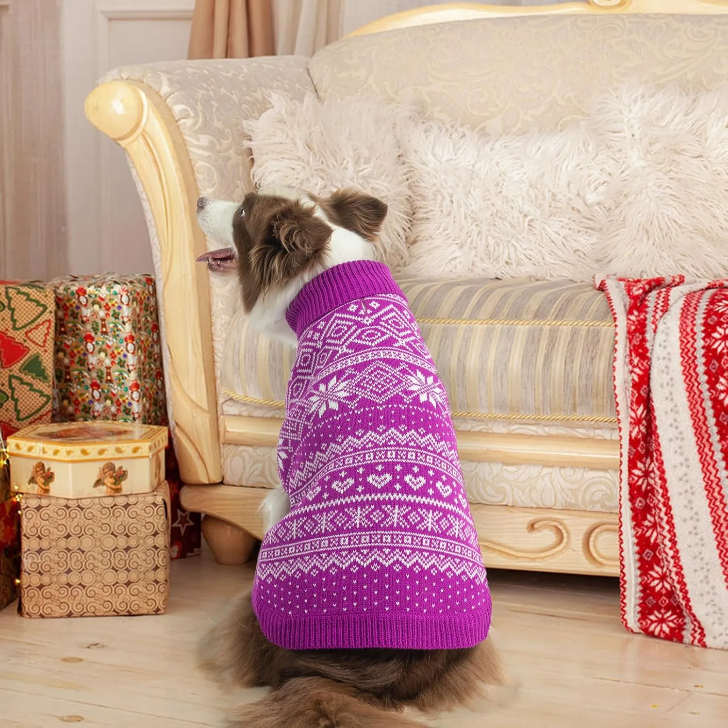 HOMIMP Dog Sweater Argyle - Warm Sweater Winter Clothes Puppy Soft Coat, Ugly Dog Sweater for Small Medium and Large Dogs, Pet Clothing Boy Girl, Purple M