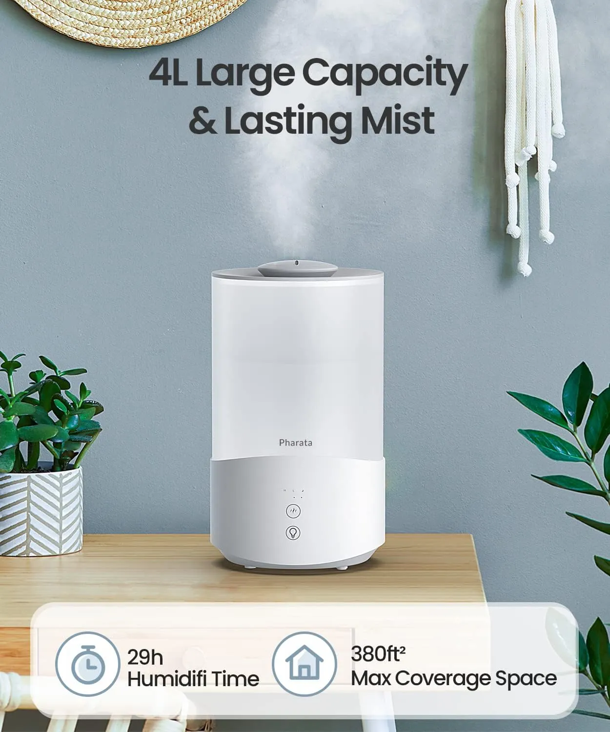Humidifiers for Bedroom, 4.0L Humidifier with Essential Oil Diffuser, Top Fill Ultrasonic Cool Mist Humidifier for Large Room, Sleep Mode, Adjustable mist output, Auto Shut-Off