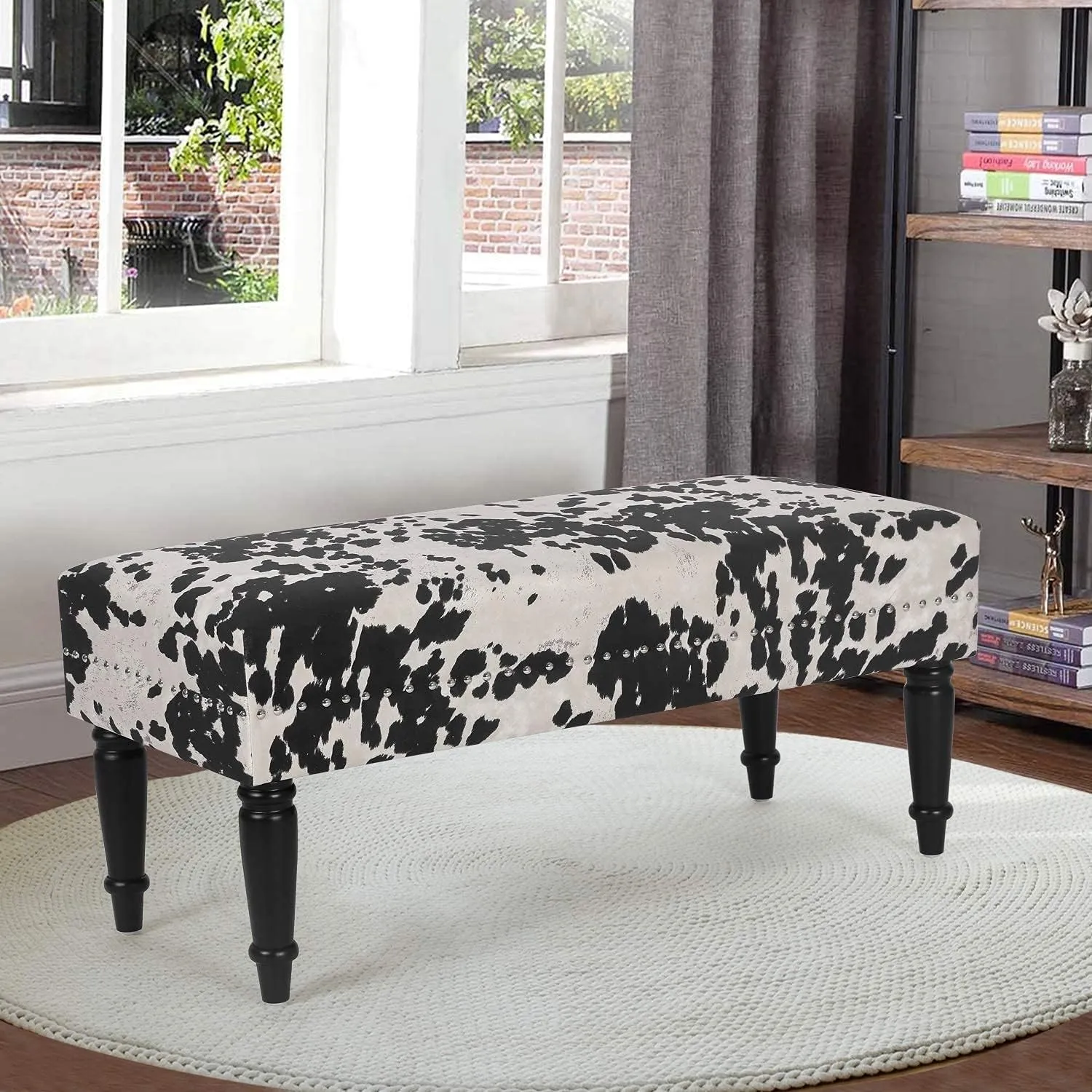 Joveco 39' Mid Century Modern Bench - End of Bed & Dining Bench Ottoman with Rivet - Upholstered Small Bed & Coffee Table Ottoman for Bedroom, Entryway & Living Room (Black Milk Cow)