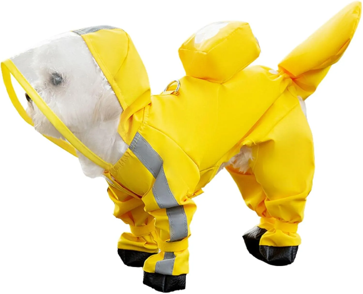 Junchl Small Dog Raincoat Rainboots with D-Ring, Full Coverage Dog Rain Jacket Slicker Poncho, Waterproof Dog Rain Jacket with Reflective Strip, Rainboot, Tail Cover Yellow Backpack S