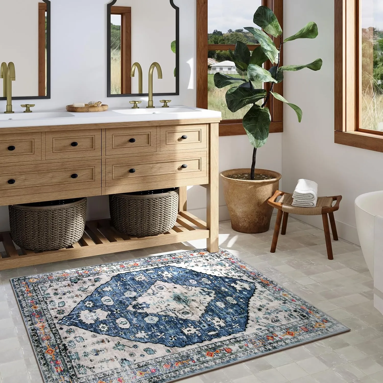 Lahome Boho Tribal Area Rug - 3x5 Blue Living Room Rug Soft Non Slip Washable Office Mat, Low Pile Oriental Entry Way Carpet for Kitchen Sink Bedside Coffee Table Studio Apartment, Blue