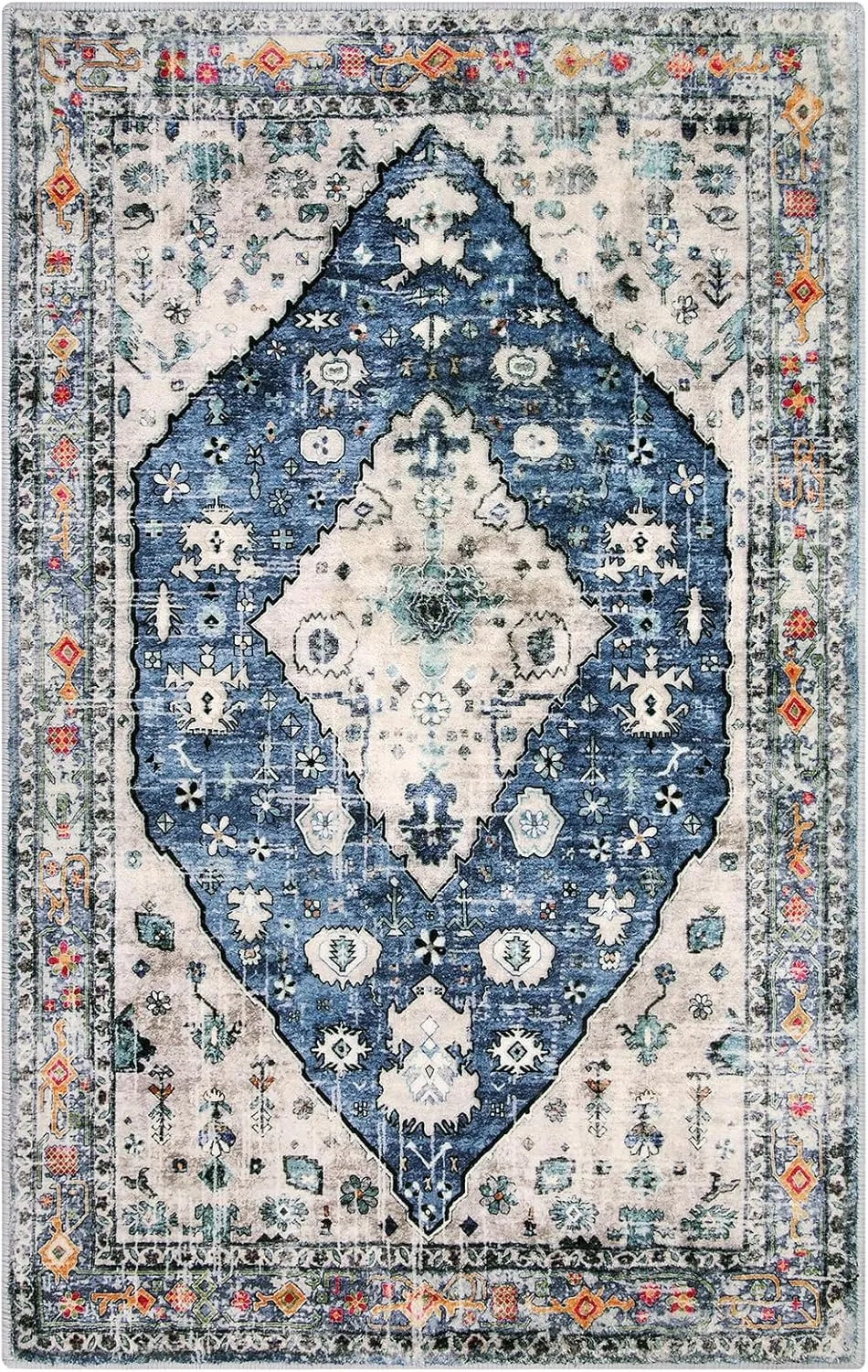 Lahome Boho Tribal Area Rug - 3x5 Blue Living Room Rug Soft Non Slip Washable Office Mat, Low Pile Oriental Entry Way Carpet for Kitchen Sink Bedside Coffee Table Studio Apartment, Blue