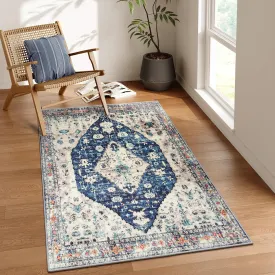 Lahome Boho Tribal Area Rug - 3x5 Blue Living Room Rug Soft Non Slip Washable Office Mat, Low Pile Oriental Entry Way Carpet for Kitchen Sink Bedside Coffee Table Studio Apartment, Blue
