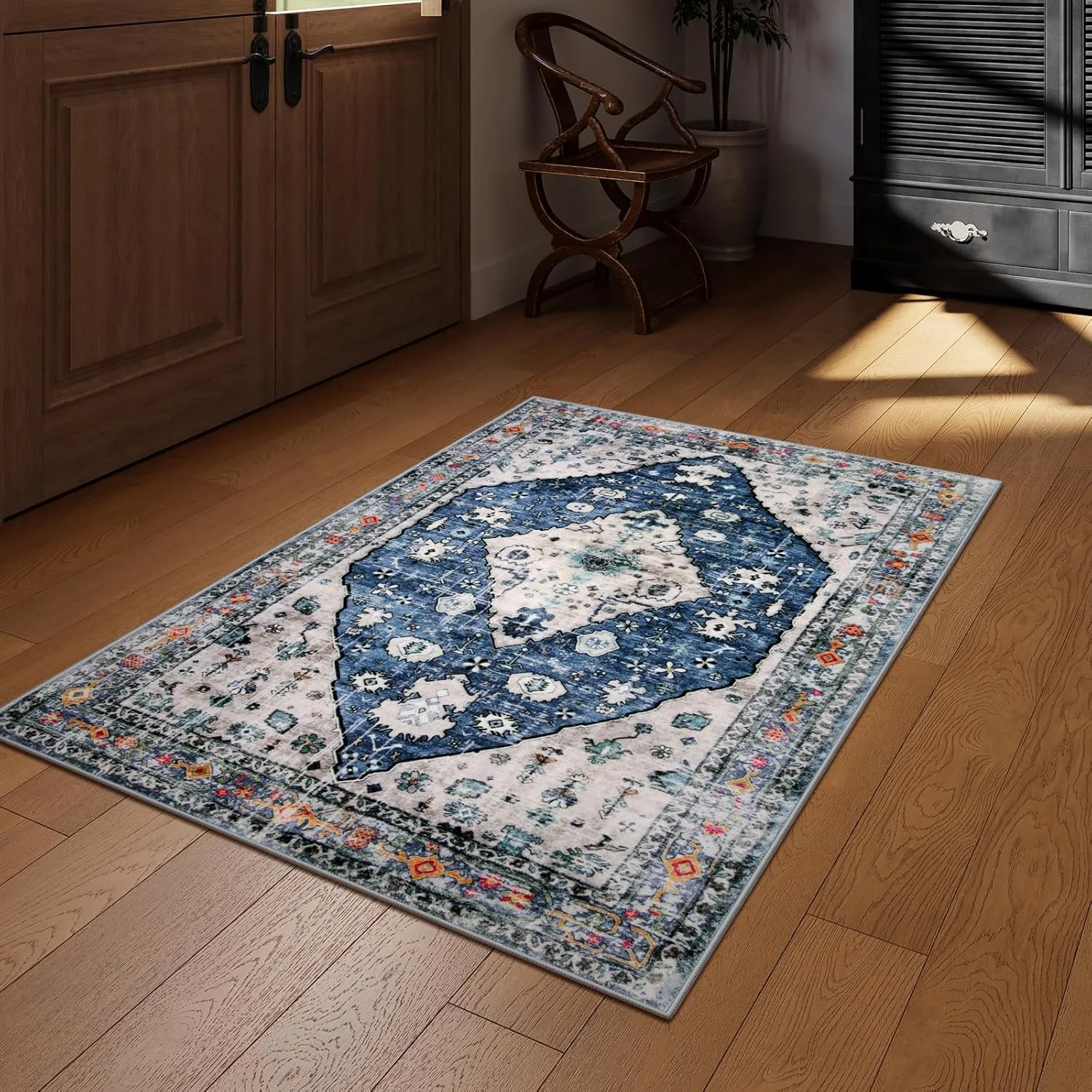 Lahome Boho Tribal Area Rug - 3x5 Blue Living Room Rug Soft Non Slip Washable Office Mat, Low Pile Oriental Entry Way Carpet for Kitchen Sink Bedside Coffee Table Studio Apartment, Blue