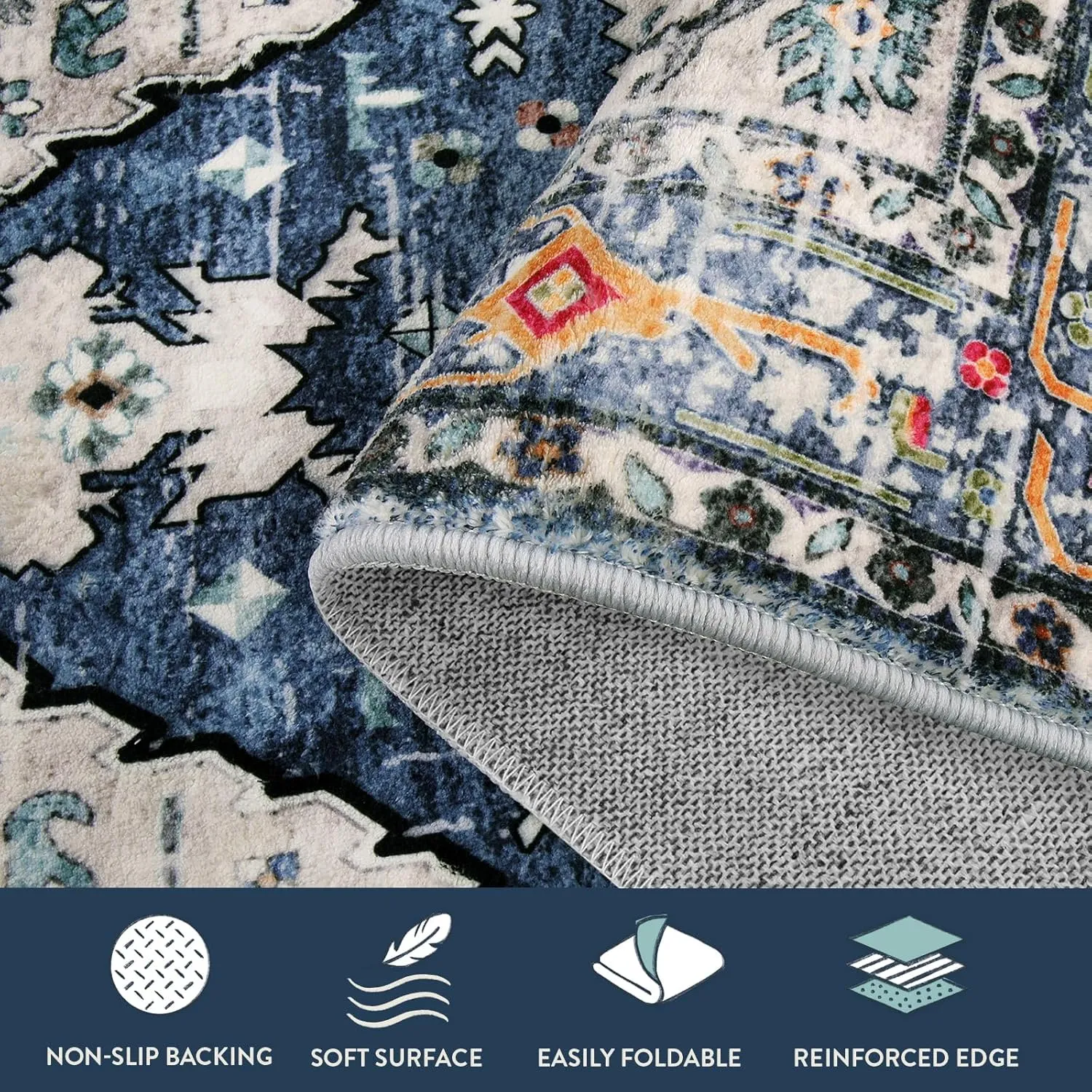 Lahome Boho Tribal Area Rug - 3x5 Blue Living Room Rug Soft Non Slip Washable Office Mat, Low Pile Oriental Entry Way Carpet for Kitchen Sink Bedside Coffee Table Studio Apartment, Blue