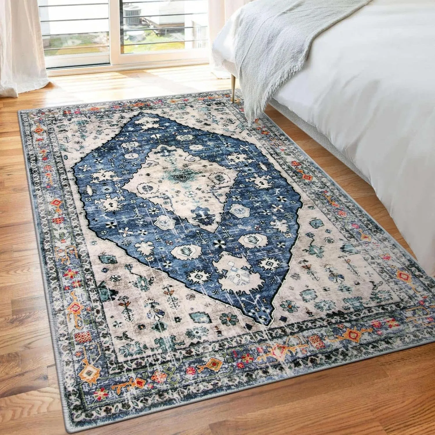 Lahome Boho Tribal Area Rug - 3x5 Blue Living Room Rug Soft Non Slip Washable Office Mat, Low Pile Oriental Entry Way Carpet for Kitchen Sink Bedside Coffee Table Studio Apartment, Blue