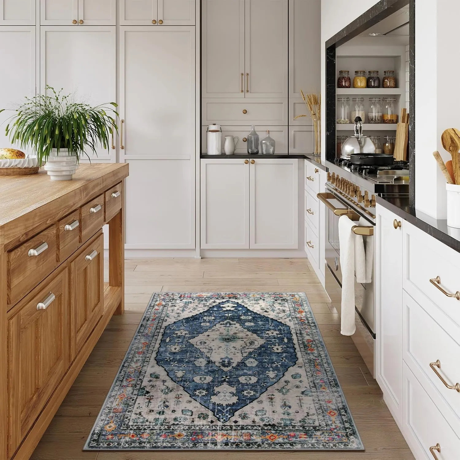 Lahome Boho Tribal Area Rug - 3x5 Blue Living Room Rug Soft Non Slip Washable Office Mat, Low Pile Oriental Entry Way Carpet for Kitchen Sink Bedside Coffee Table Studio Apartment, Blue