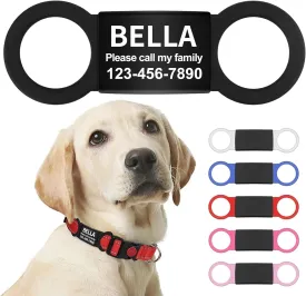 LaReine Silent Slide On Pet ID Tags, Personalized Laser Engraved on Collar, Colored Elastic Silicone Band and S/M/L/XL Black Stainless Steel Cat Dog Name Plate (Black, Large)