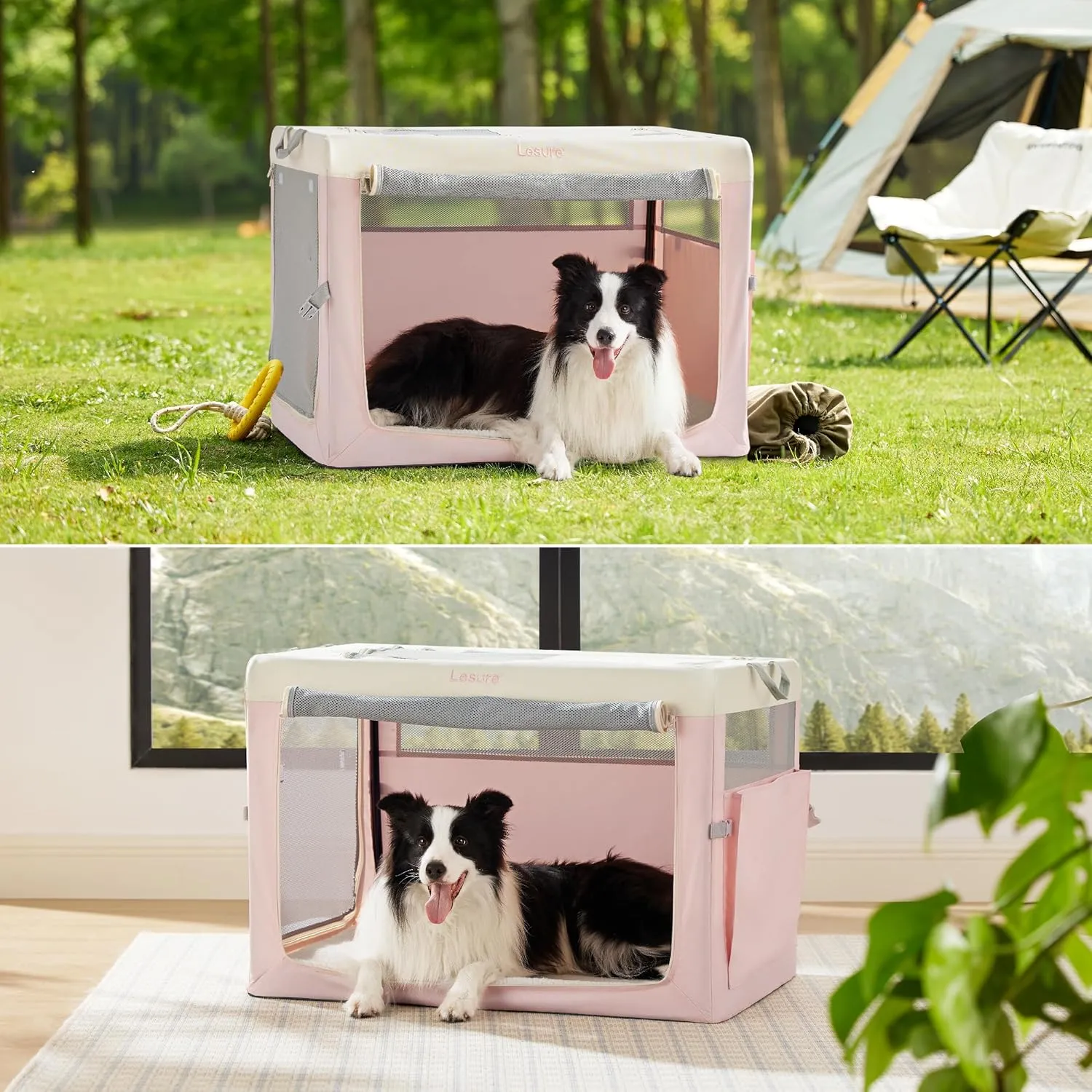 Lesure Collapsible Travel Dog Crate for Small Dogs, Portable Soft Dog Crate for Outdoor & Indoor, Folding Fabric Dog Kennel with Handle, 36 Inch Heavy Duty Pet Carrier (Pink)