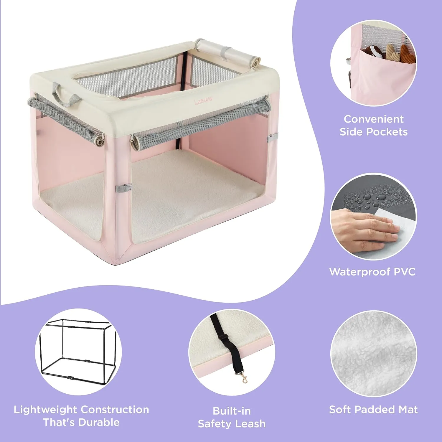 Lesure Collapsible Travel Dog Crate for Small Dogs, Portable Soft Dog Crate for Outdoor & Indoor, Folding Fabric Dog Kennel with Handle, 36 Inch Heavy Duty Pet Carrier (Pink)