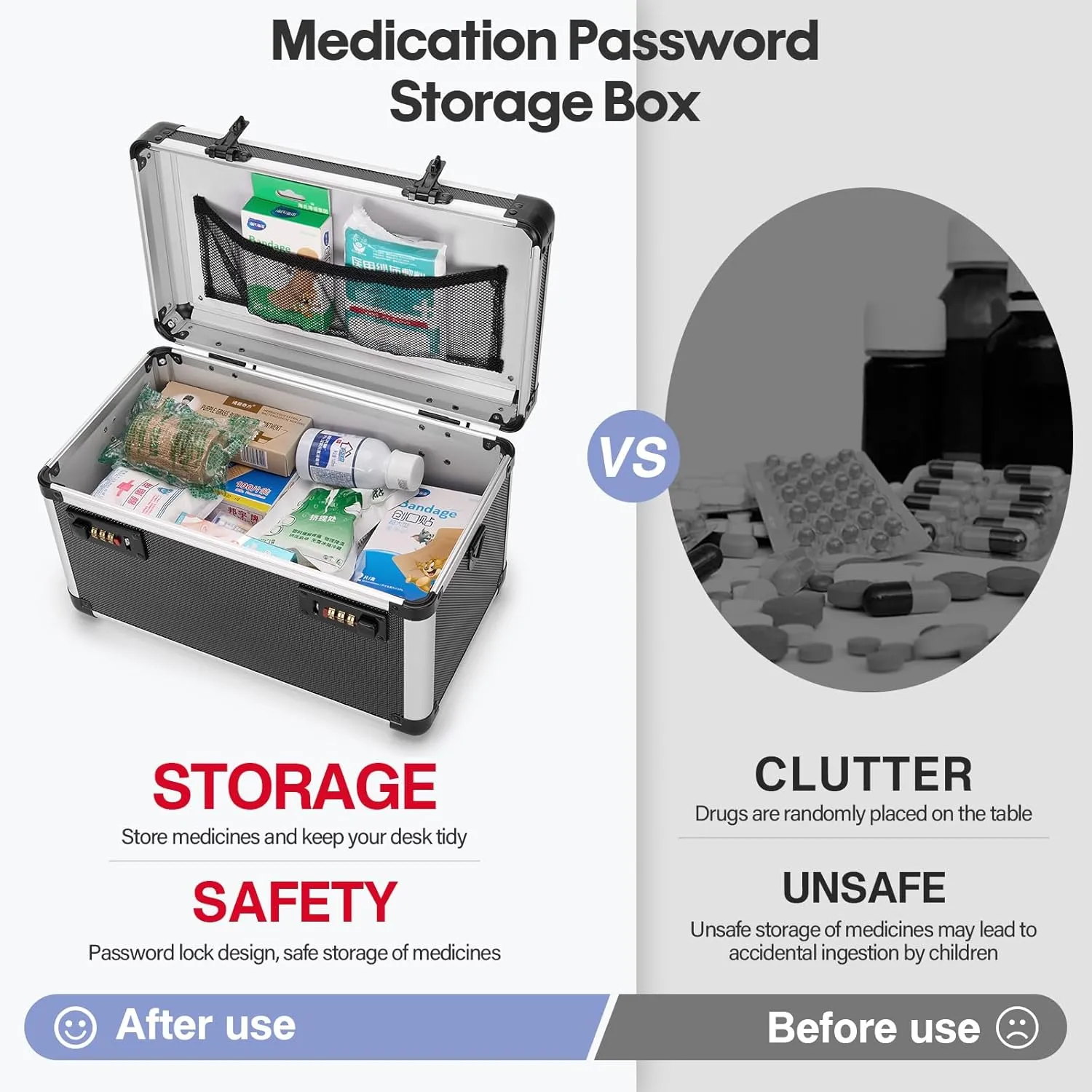 Lock Box for Medication - 13.4 x 7.6 x 8.2 Inch Medicine Organizer Case with Combination Lock, First Aid Kit Empty, Lockbox with Code, Portable Storage Box for Home School, Tactical Black