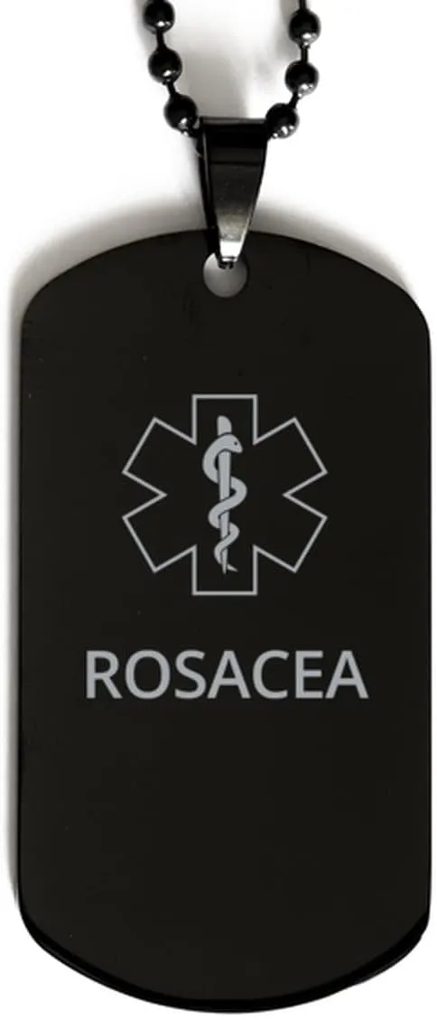 Medical Alert Black Dog Tag, Rosacea Awareness, SOS Emergency Health Life Alert ID Engraved Stainless Steel Chain Necklace For Men Women Kids
