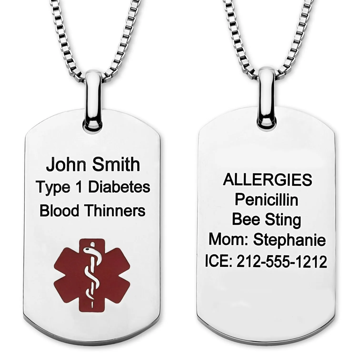 Medical Alert ID Dog Tag Necklace for Men Women, Customizable Engraving, Medical Jewelry for Emergency, Silver Stainless Steel, Hypoallergenic, Waterproof, Includes Gift Box & Medical ID Wallet Card