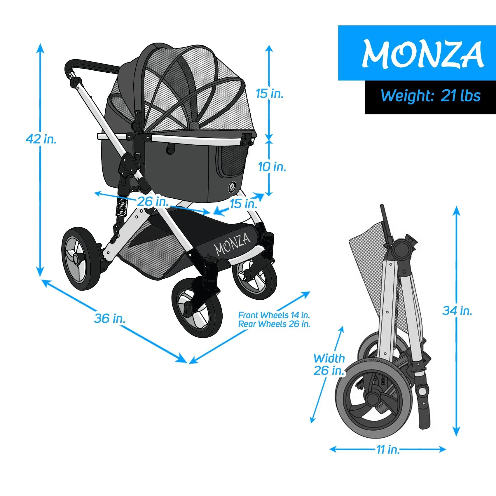 Monza Luxury 3-in-1 Travel Pet Stroller: Ultimate Convenience for Small/Medium Dogs & Cats - Detachable Carrier, Pump-Free Tires, Aluminum Frame!"