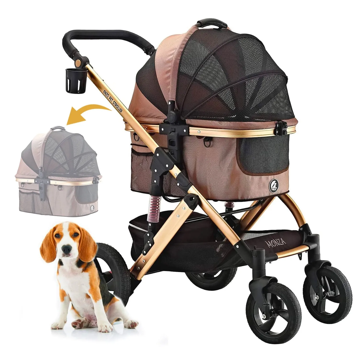 Monza Luxury 3-in-1 Travel Pet Stroller: Ultimate Convenience for Small/Medium Dogs & Cats - Detachable Carrier, Pump-Free Tires, Aluminum Frame!"