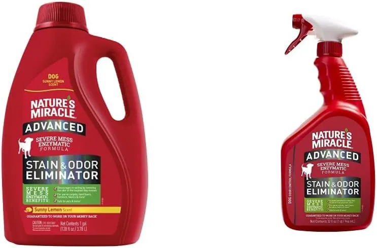 Nature's Miracle Advanced Dog Stain Remover and Odor Eliminator (128 oz) and Advanced Stain & Odor Eliminator for Severe Dog Messes (32 oz)