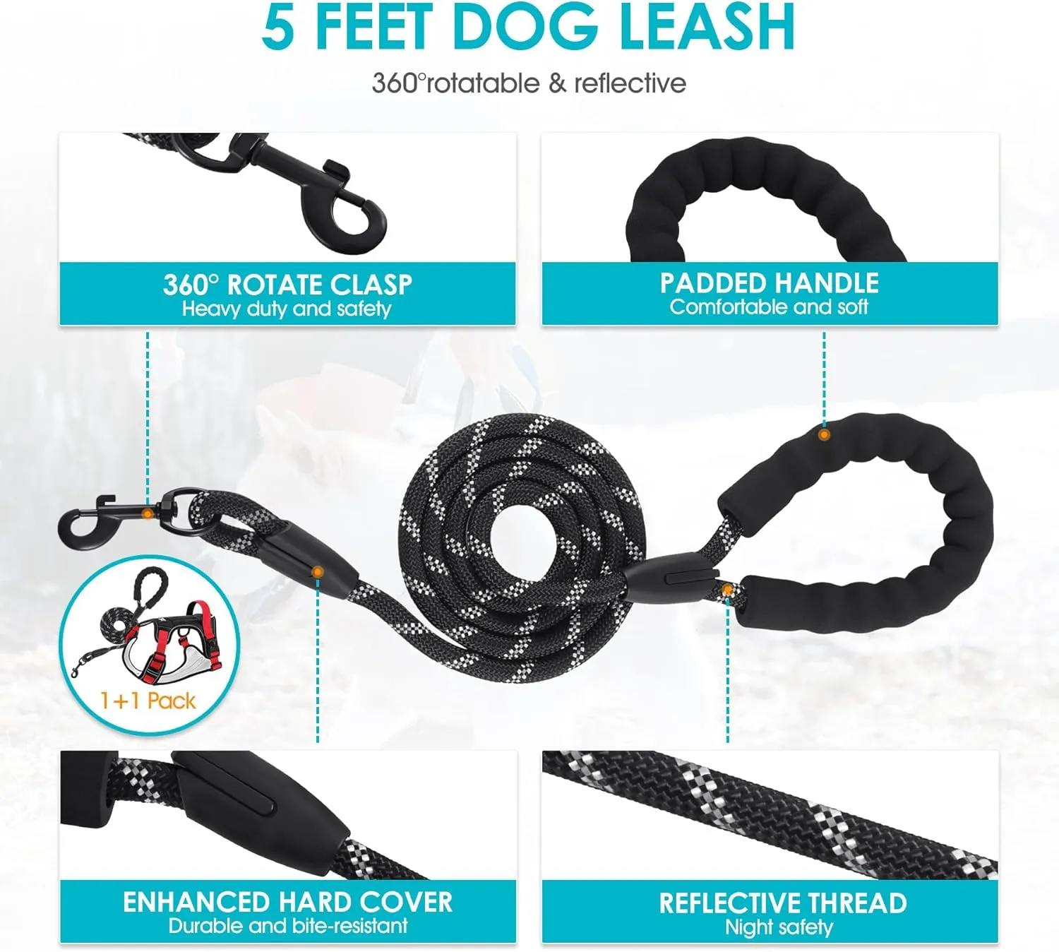 No Pull Harness with Heavy Duty 5ft Leash for Medium Small Large Sized Dog, Reflective No-Choke Pet Oxford Vest with Easy Control Handle